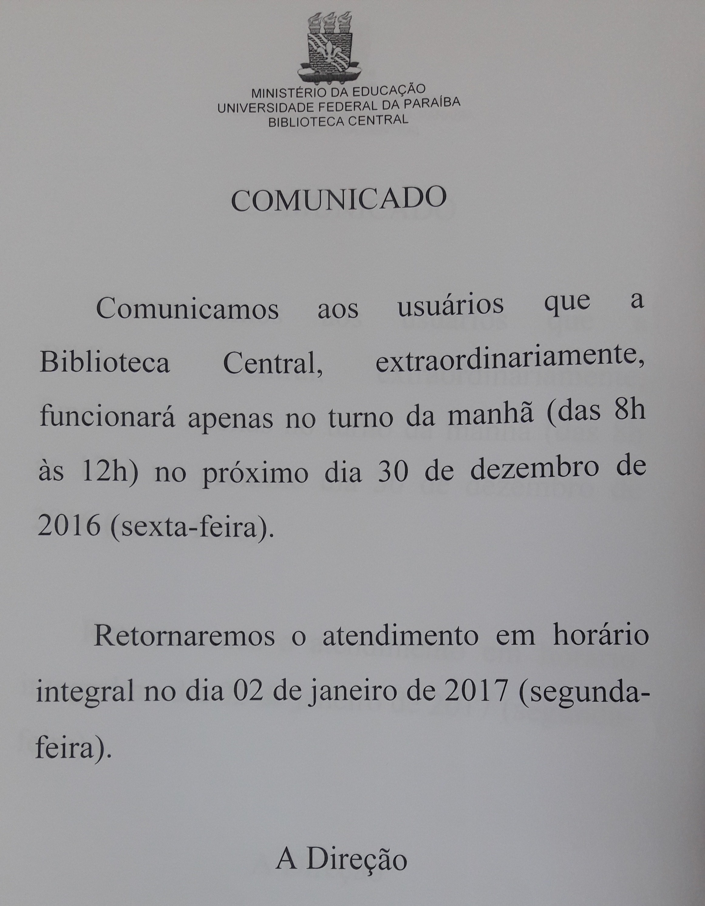 Redução do horário no dia 30/12/16